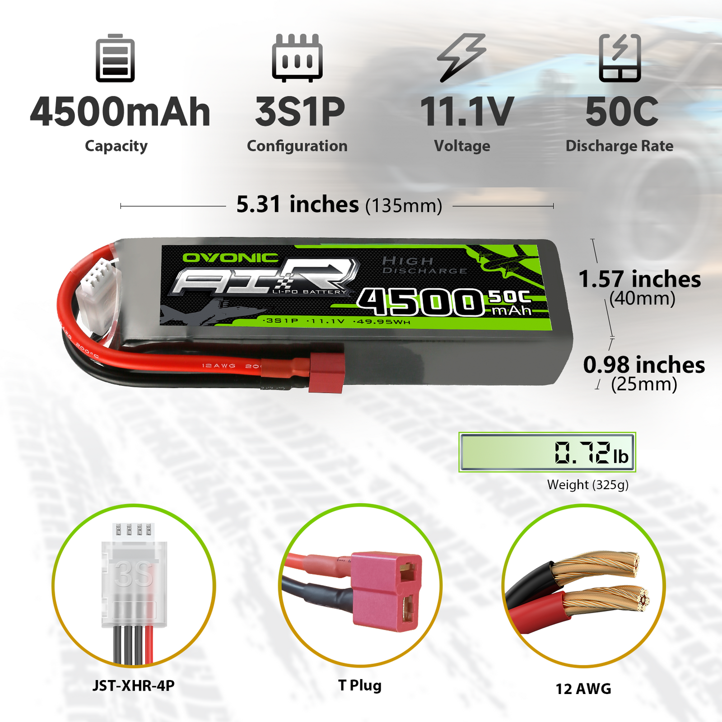 OVONIC 4500mAh 3S1P 11.1V LiPo specs: 135×40×25mm, 325g, JST-XHR-4P balance, T plug, 12AWG