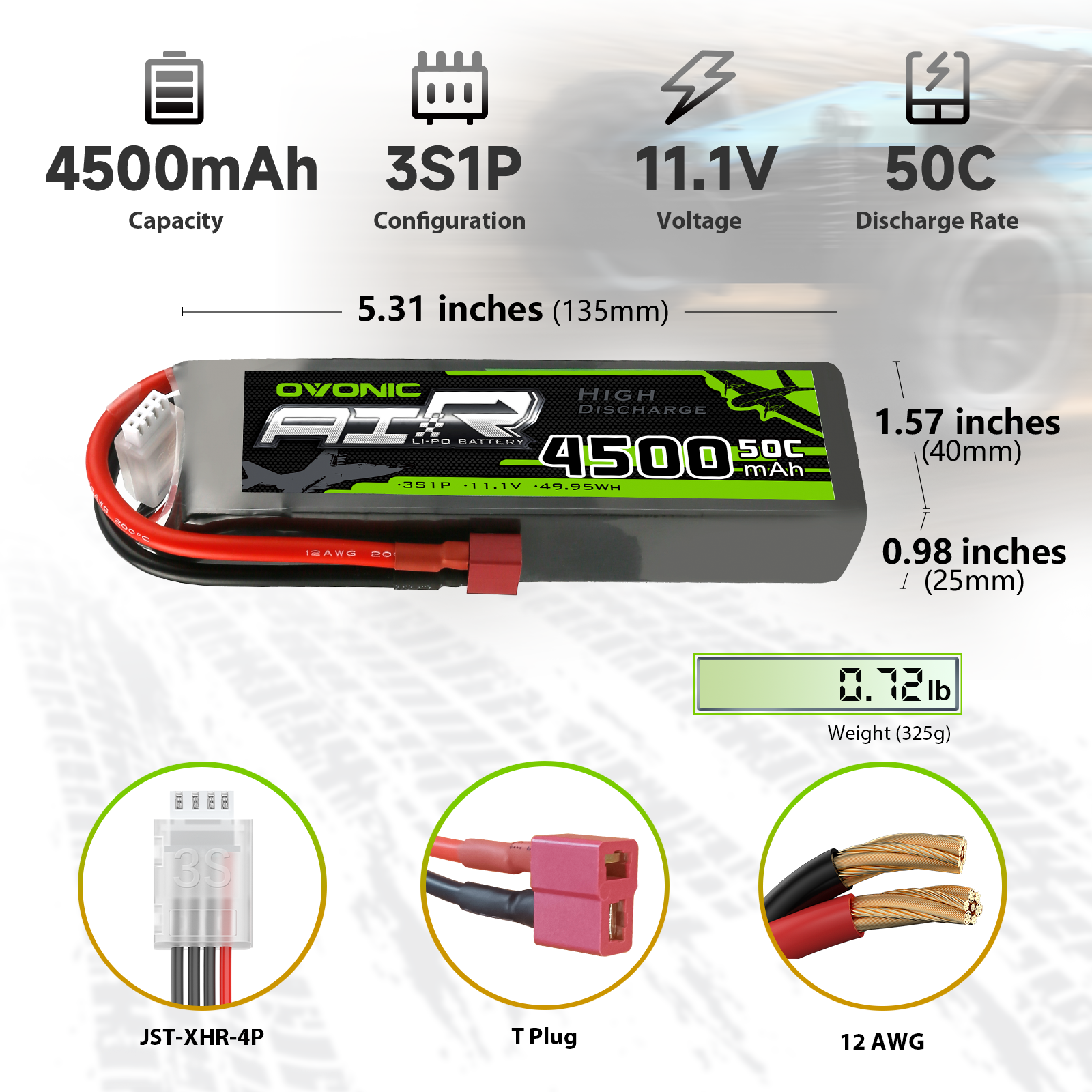 OVONIC 4500mAh 3S1P 11.1V LiPo specs: 135×40×25mm, 325g, JST-XHR-4P balance, T plug, 12AWG