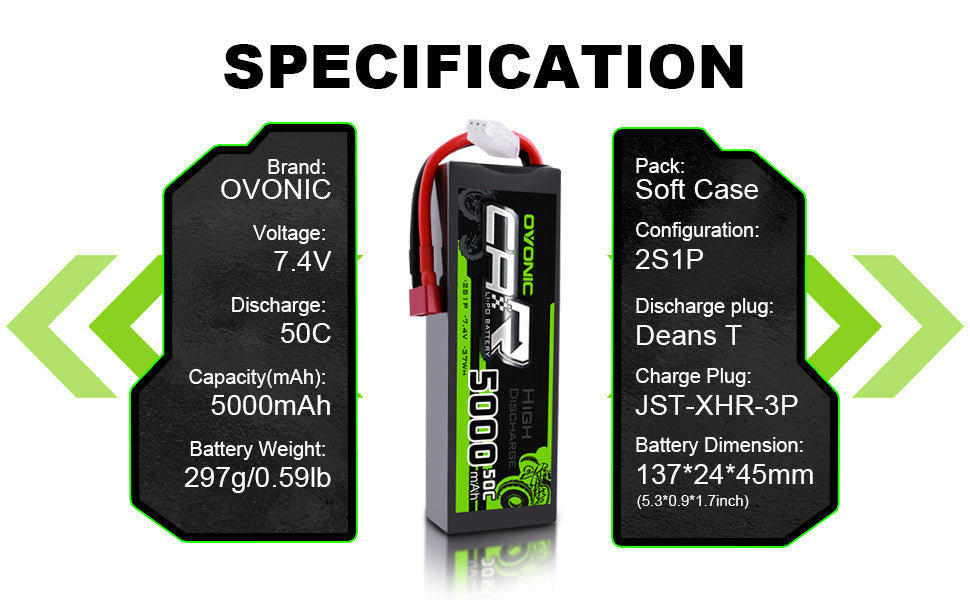 OVONIC 2S 7.4V 5000mAh 50C LiPo battery specifications: 2S1P, Deans T, JST-XHR-3P, 137×24×45mm