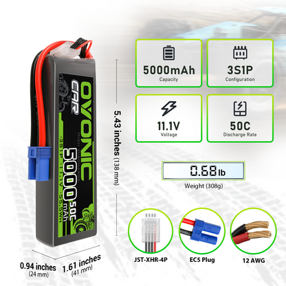 Ovonic 3S 5000mAh 11.1V 50C LiPo battery size and weight chart with EC5 plug and JST-XHR-4P balance connector