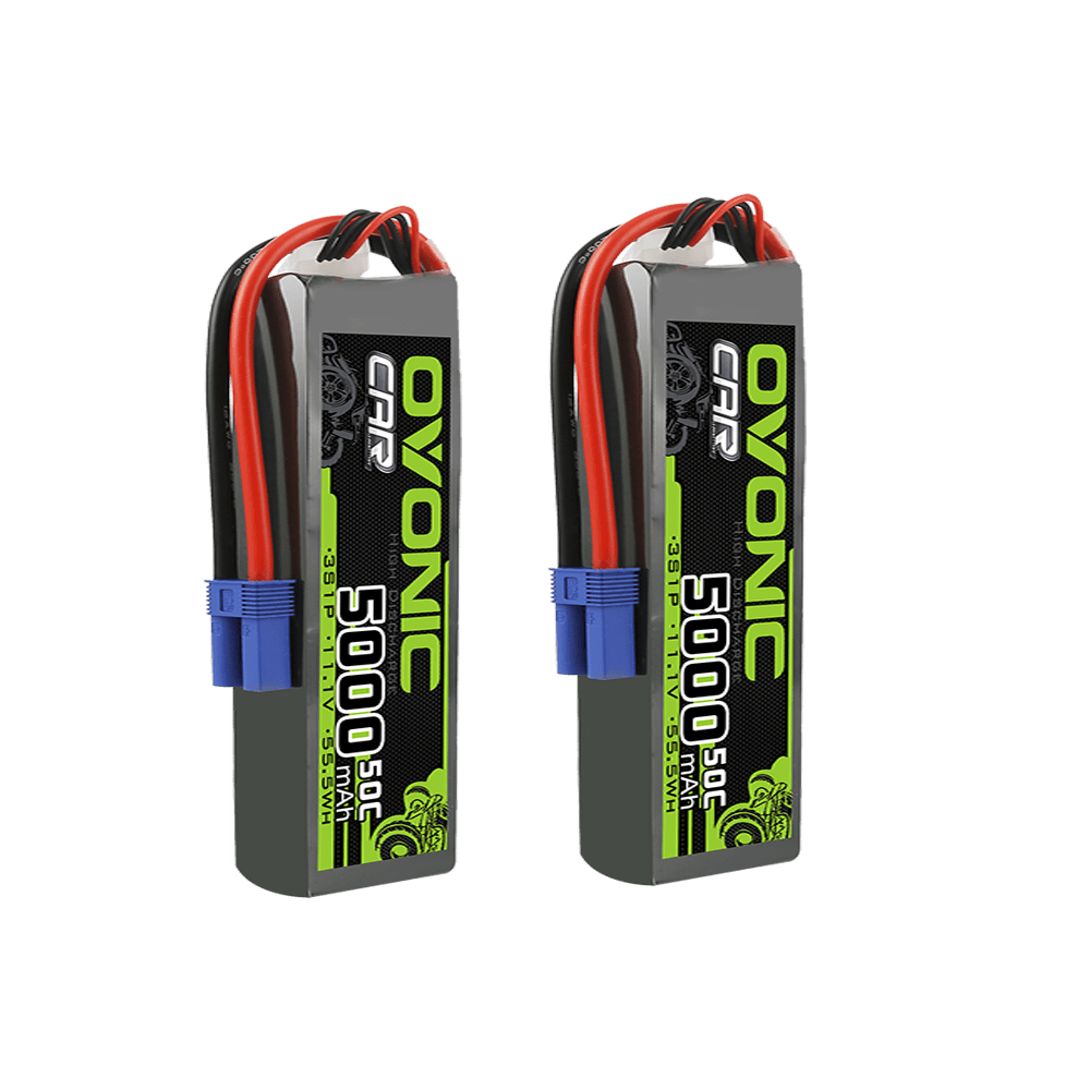 2× Ovonic 5000mAh 3S 11.1V 50C LiPo Battery pack set with blue EC5 leads, front view