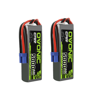2× Ovonic 5000mAh 3S 11.1V 50C LiPo Battery pack set with blue EC5 leads, front view