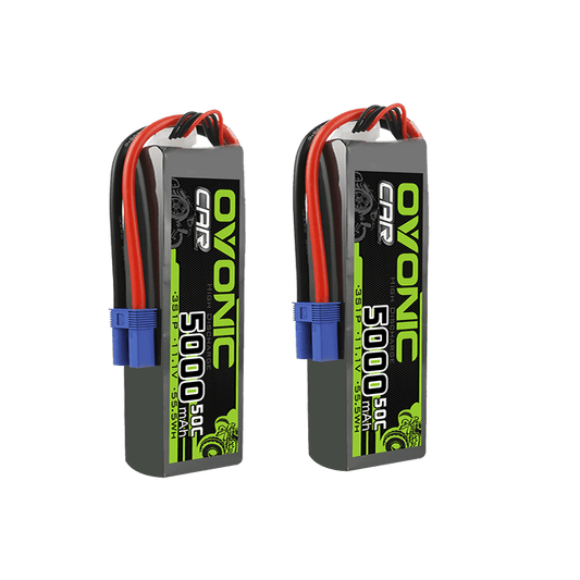2× Ovonic 5000mAh 3S 11.1V 50C LiPo Battery pack set with blue EC5 leads, front view