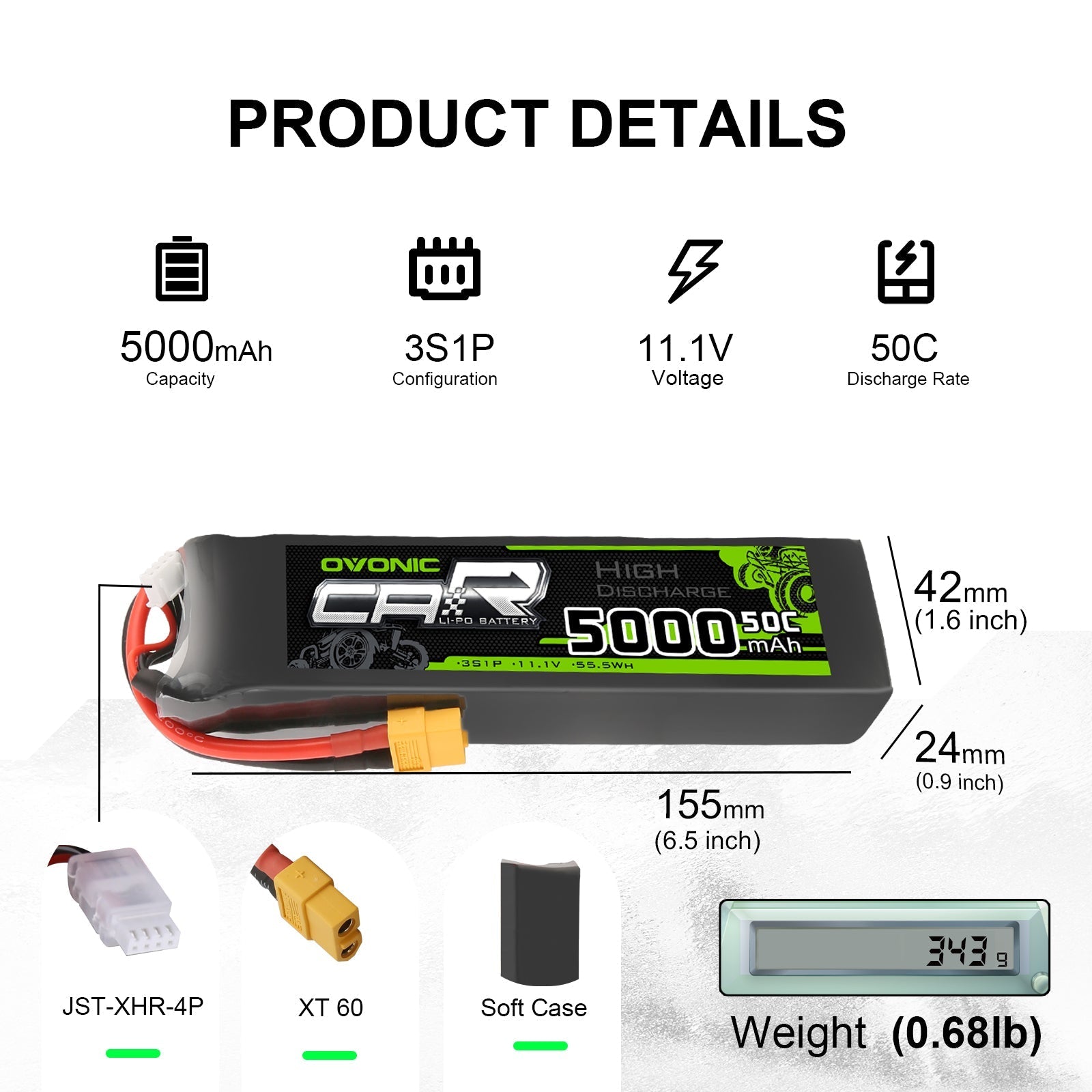 OVONIC 3S 5000mAh LiPo product details graphic showing 11.1V, 50C, dimensions, weight, XT60 and JST-XHR-4P