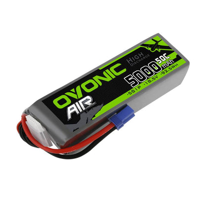 Angled view of Ovonic 5000mAh 5S 18.5V LiPo pack showing 25C label and blue EC5 connector