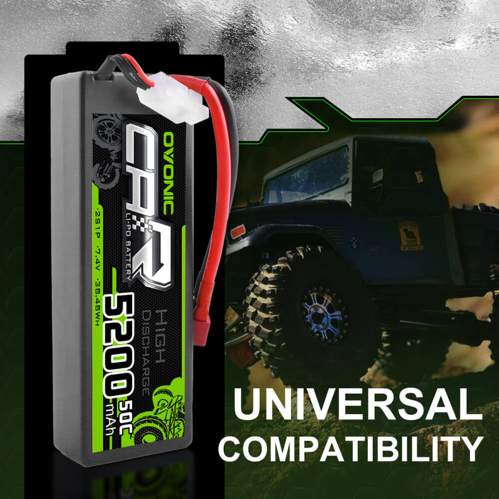 Hardcase OVONIC 2S LiPo battery standing upright with leads, universal compatibility graphic