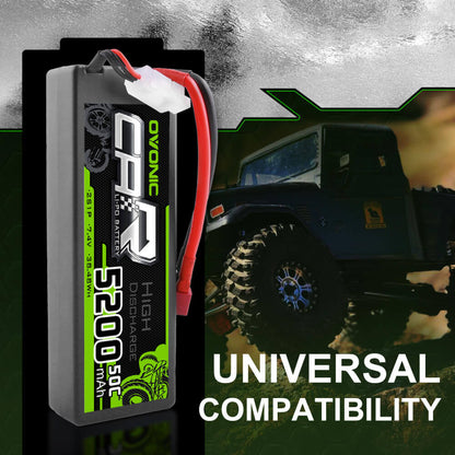 Hardcase OVONIC 2S LiPo battery standing upright with leads, universal compatibility graphic