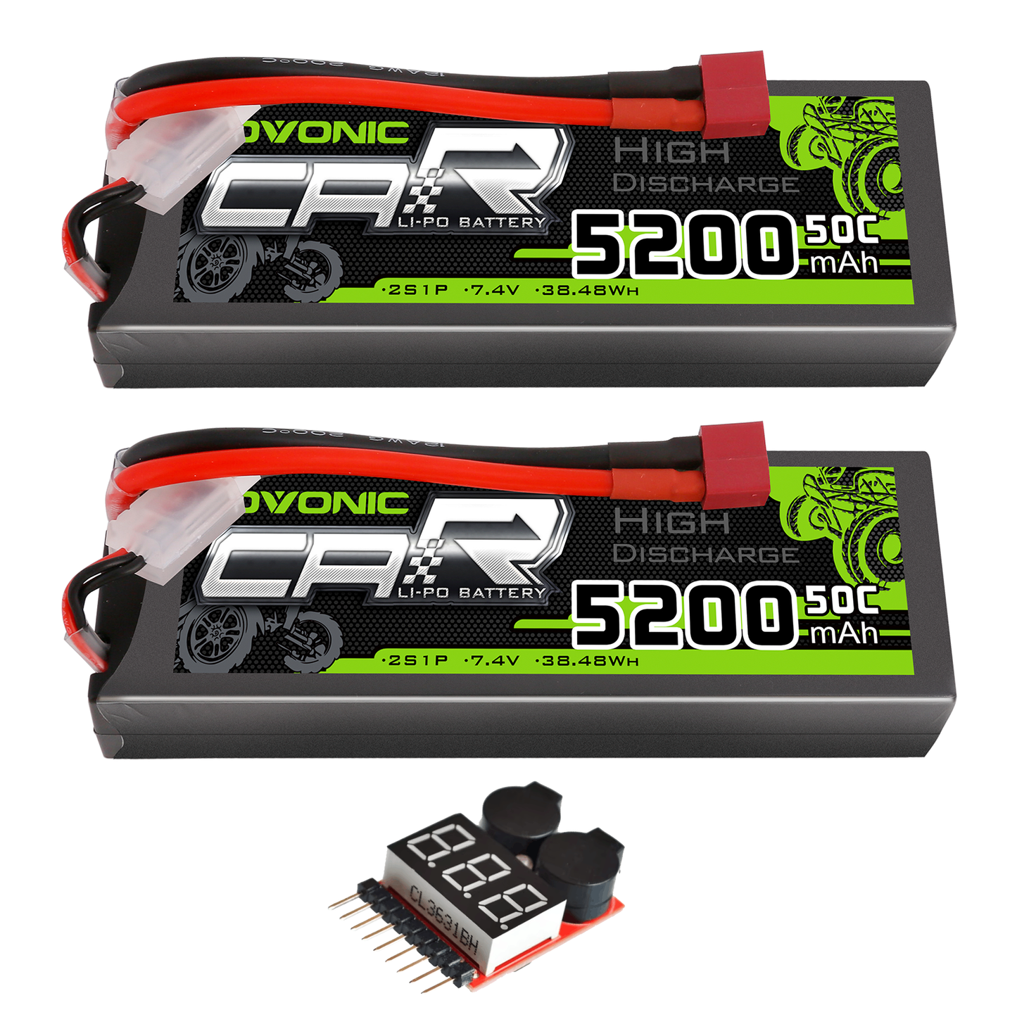 2-pack OVONIC 2S 5200mAh 50C 7.4V hardcase LiPo batteries with Deans T plug and voltage checker