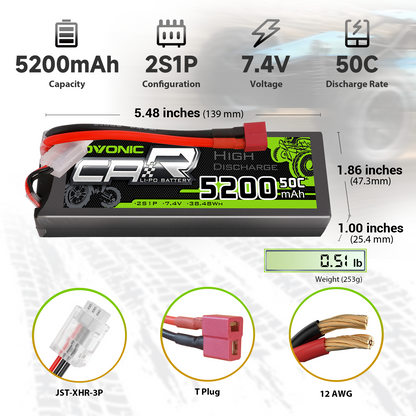 OVONIC 2S1P 5200mAh 7.4V 50C hardcase LiPo battery size and weight chart with plug types