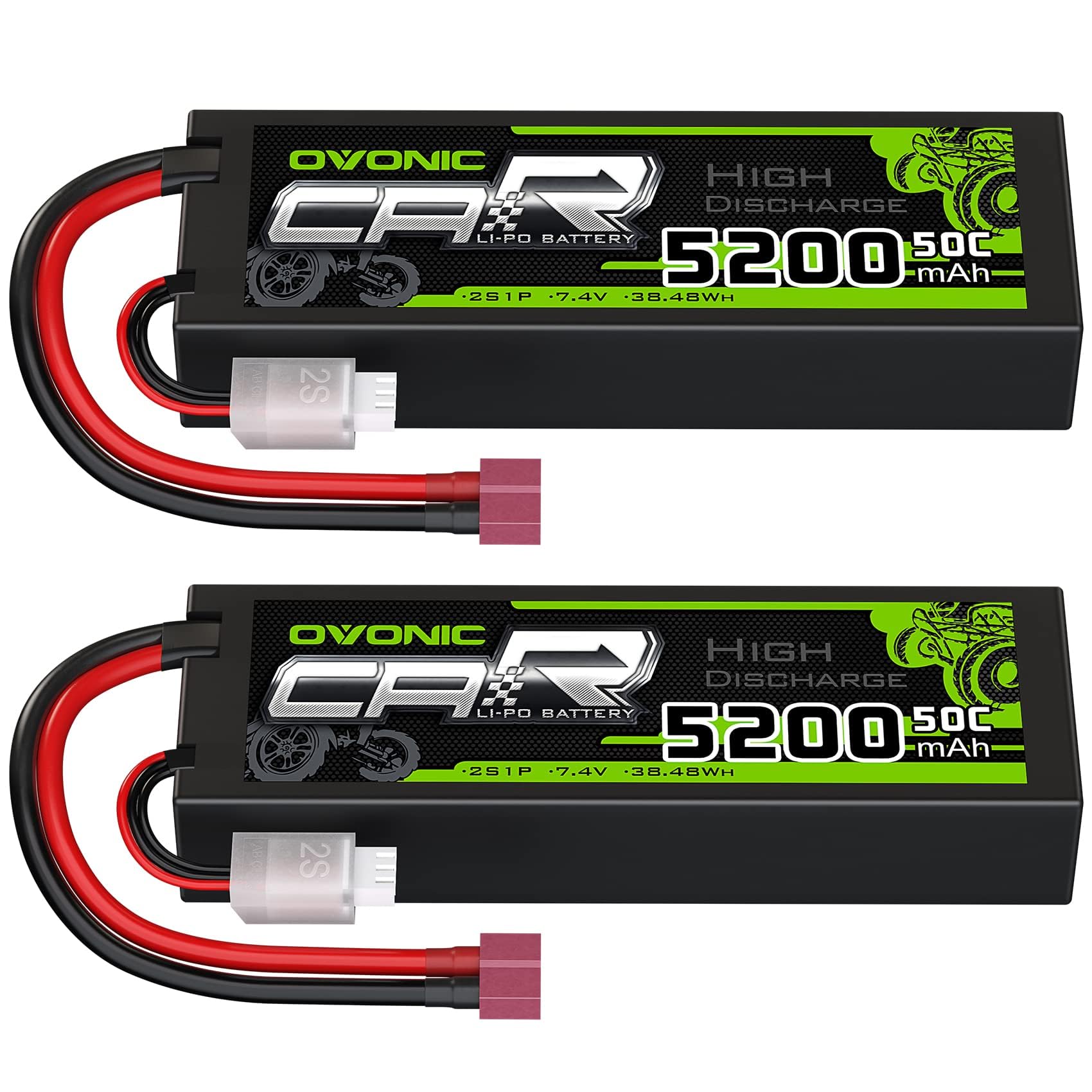 2-pack Ovonic 2S 5200mAh 50C 7.4V hardcase LiPo batteries with Deans T plug and balance lead