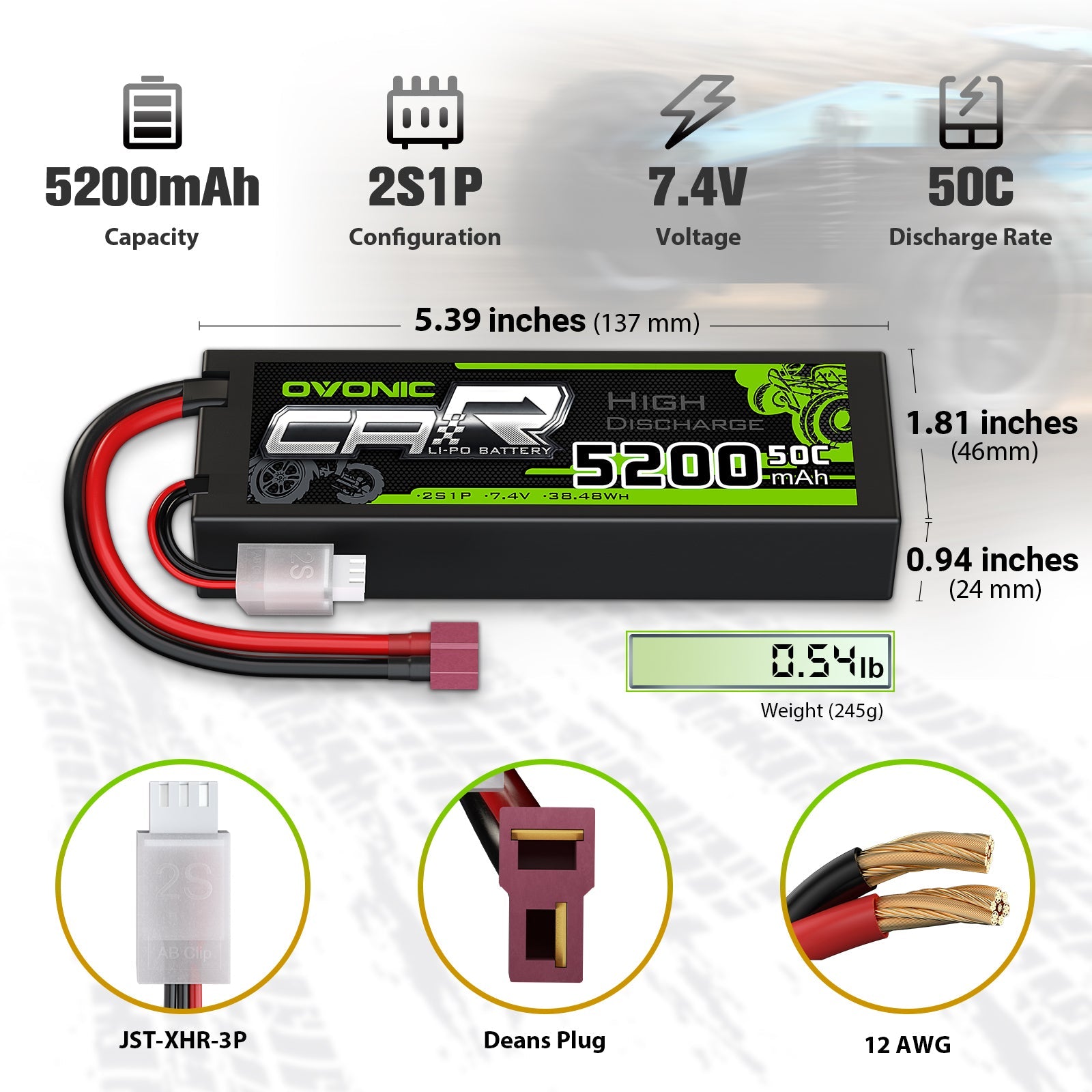 Ovonic 2S 5200mAh 7.4V hardcase LiPo dimensions 5.39×1.81×0.94 in, weight 245g, Deans plug, 12AWG