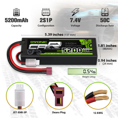 Ovonic 2S 5200mAh 7.4V hardcase LiPo dimensions 5.39×1.81×0.94 in, weight 245g, Deans plug, 12AWG