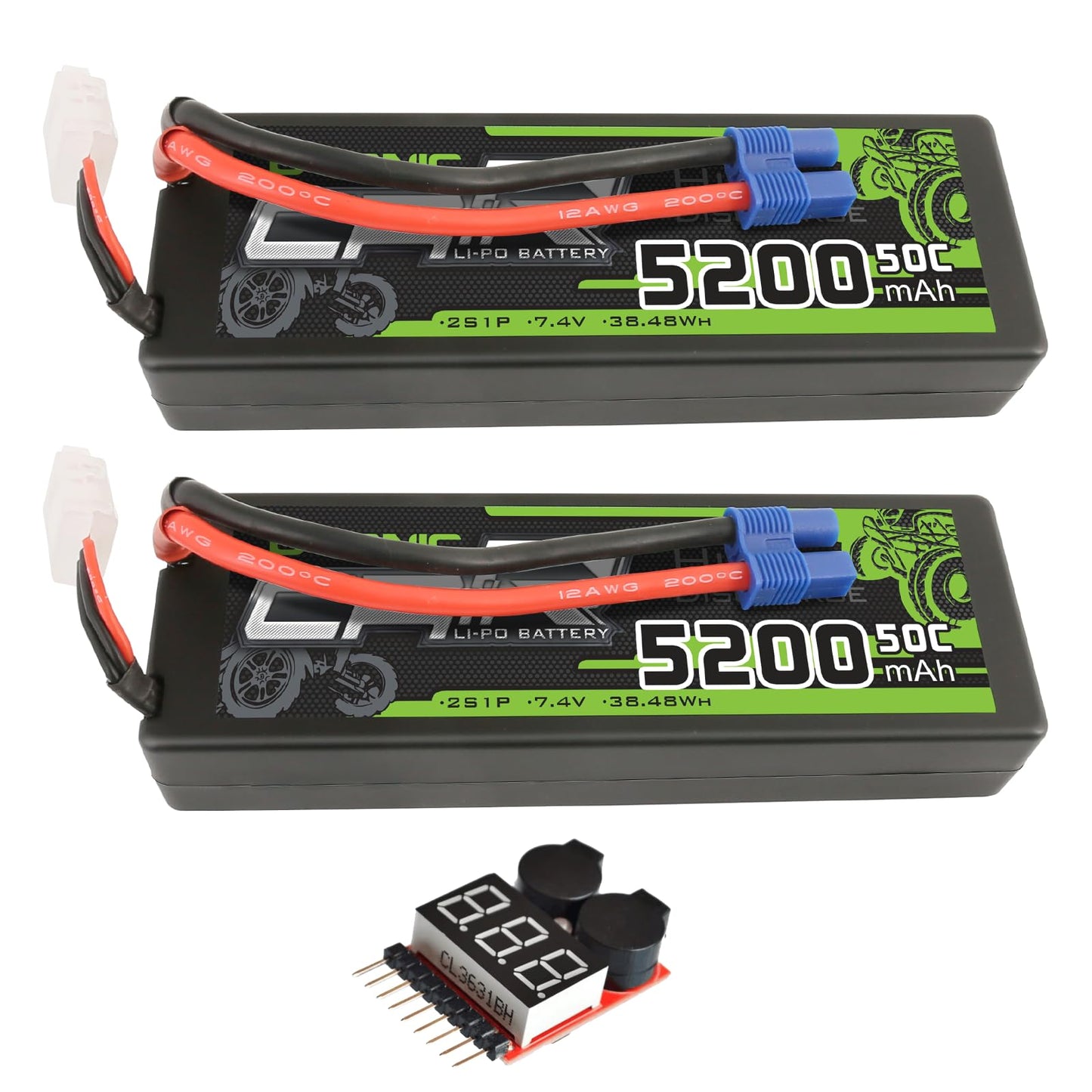 OVONIC 5200mAh 2S 7.4V 50C hardcase LiPo battery 2-pack with EC3 leads and voltage checker