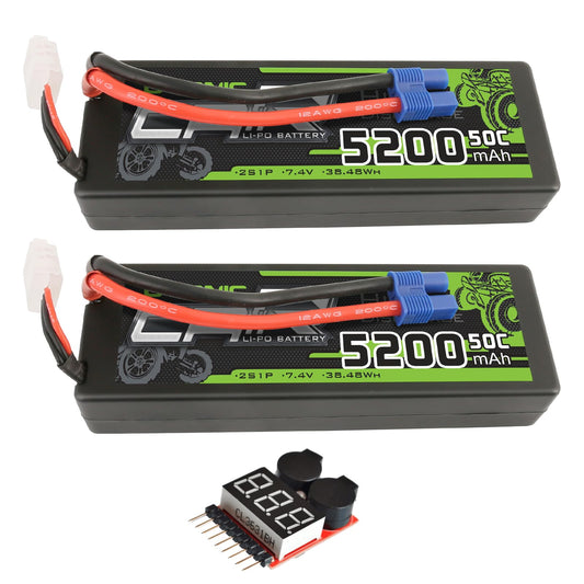 OVONIC 5200mAh 2S 7.4V 50C hardcase LiPo battery 2-pack with EC3 leads and voltage checker