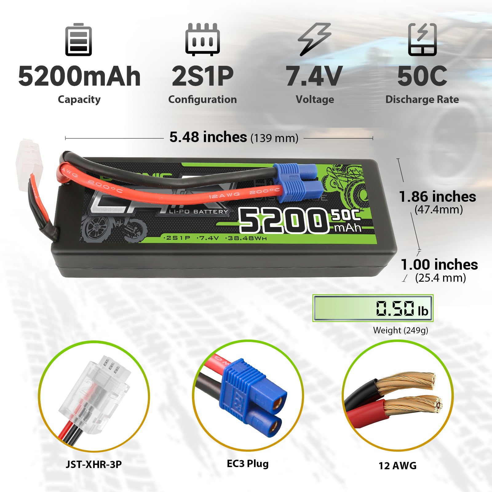 OVONIC 5200mAh 2S1P 7.4V 50C LiPo battery size and plug details, EC3 and JST-XHR balance lead