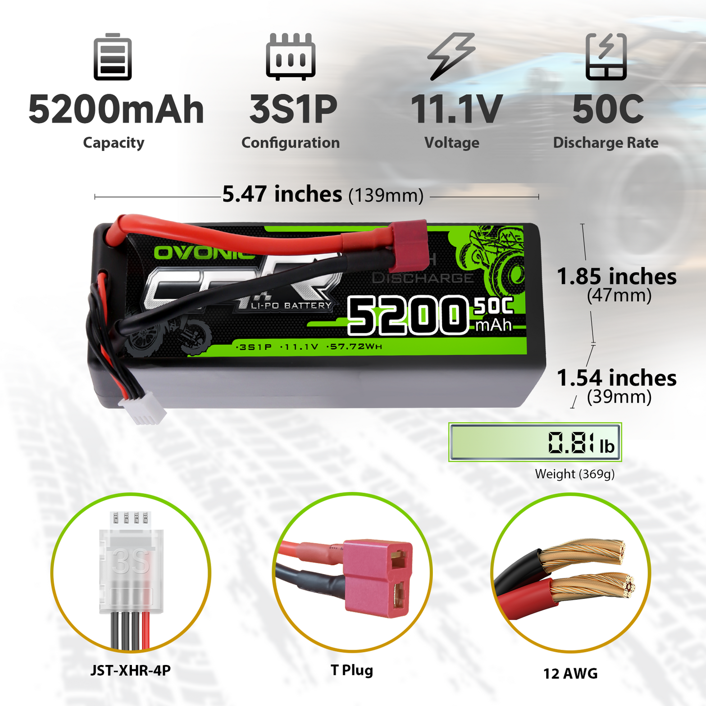 Battery dimensions and specs chart: 5200mAh 3S1P 11.1V 50C, 139×47×39mm, 369g, 12AWG, T plug