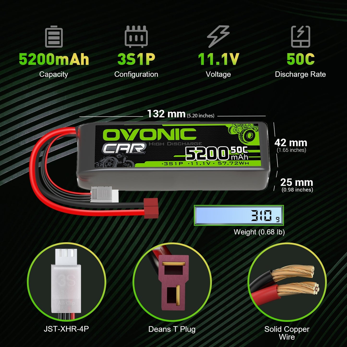 Ovonic 50C 3S1P 5200mAh 11.1V LiPo battery size and specs with Deans T plug and JST-XHR balance lead