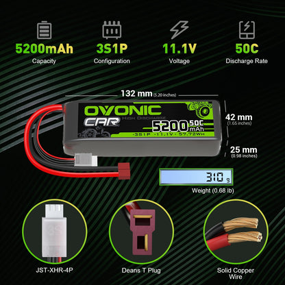Ovonic 50C 3S1P 5200mAh 11.1V LiPo battery size and specs with Deans T plug and JST-XHR balance lead