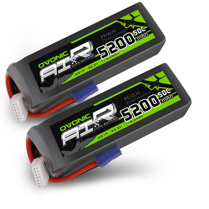 Ovonic 2-Pack 6S 5200mAh 50C 22.2V LiPo Battery packs with EC5 plug and JST-XHR balance lead