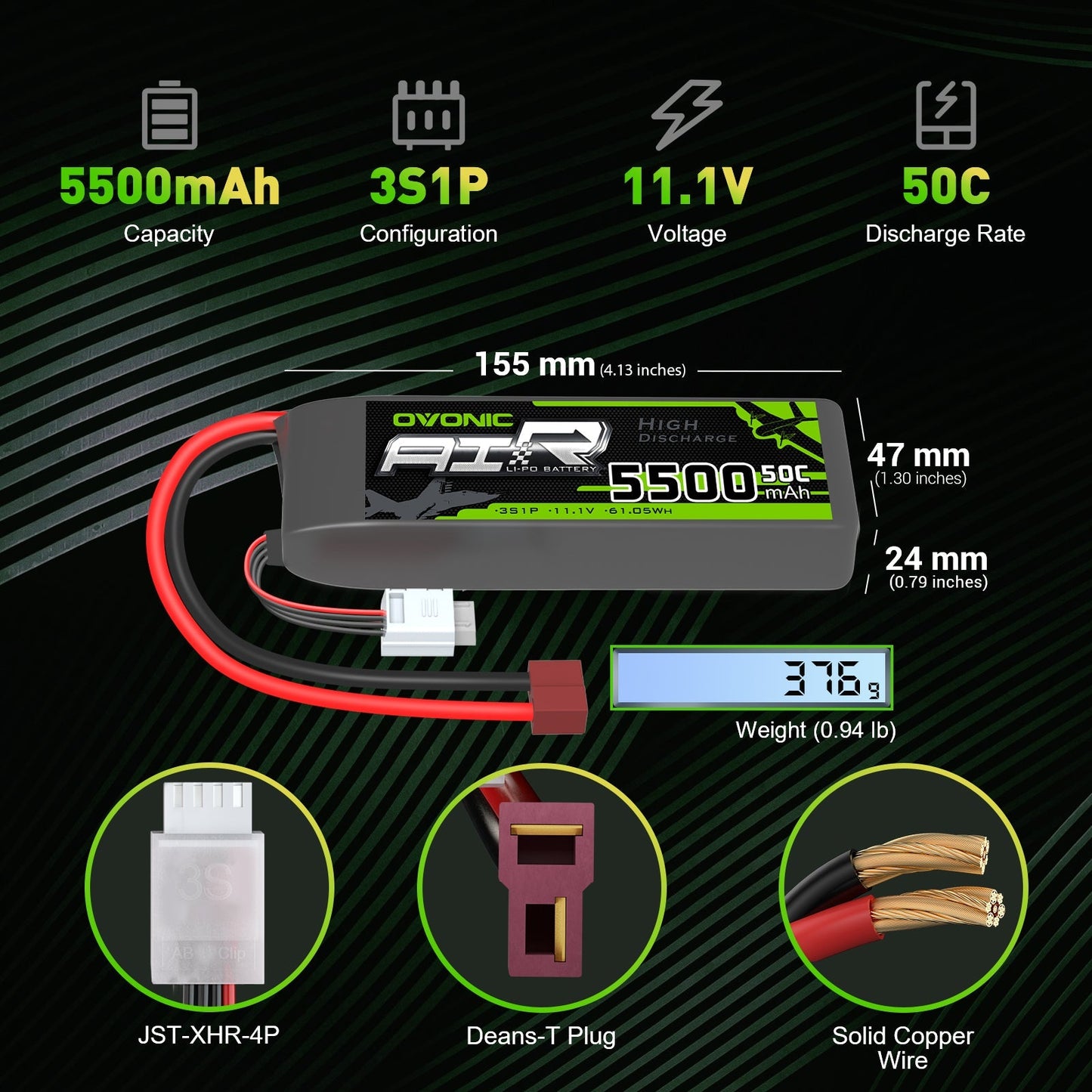 Ovonic 3S 5500mAh LiPo dimensions 155×47×24 mm, 376 g, Deans T plug and JST-XHR-4P balance