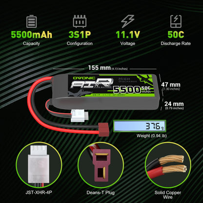 Ovonic 3S 5500mAh LiPo dimensions 155×47×24 mm, 376 g, Deans T plug and JST-XHR-4P balance