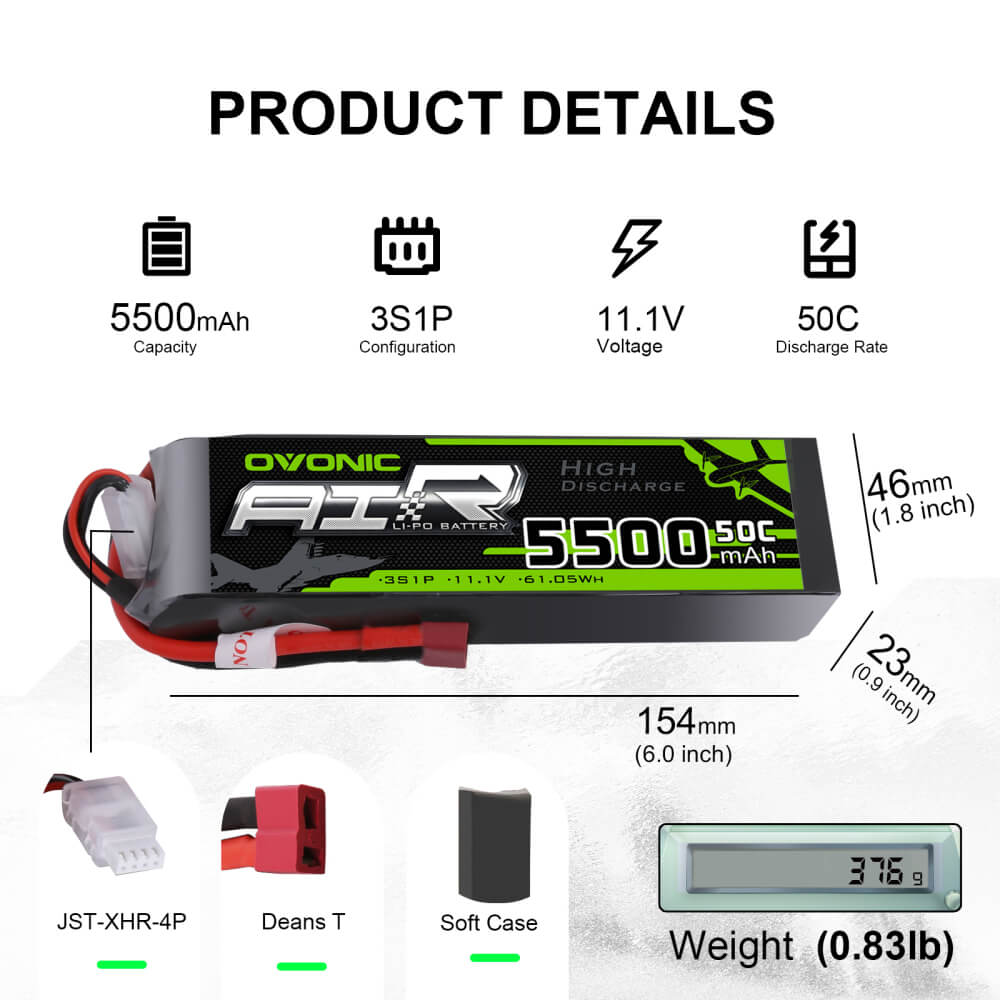 OVONIC 5500mAh 3S1P 11.1V 50C LiPo battery size chart with 154×46×23mm dimensions and 376g weight
