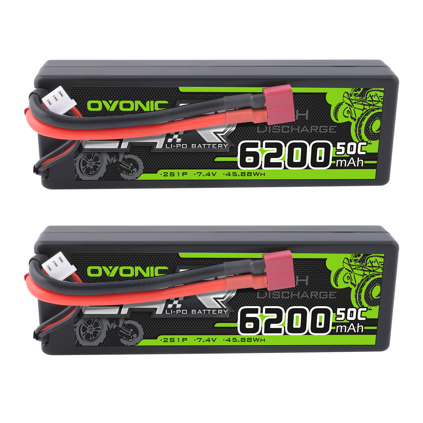 Ovonic 2S 6200mAh 50C 7.4V hard case LiPo battery, 2-pack with T plug and balance lead