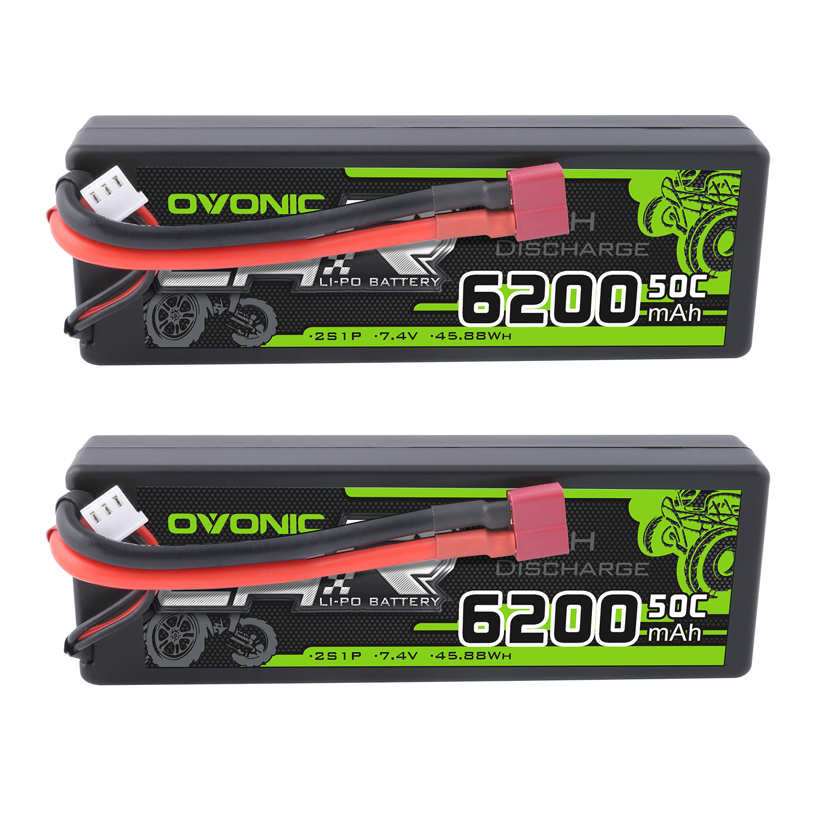 Ovonic 2S 6200mAh 50C 7.4V hard case LiPo battery, 2-pack with T plug and balance lead