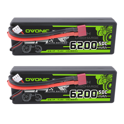 Ovonic 2S 6200mAh 50C 7.4V hard case LiPo battery, 2-pack with T plug and balance lead