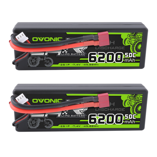 Ovonic 2S 6200mAh 50C 7.4V hard case LiPo battery, 2-pack with T plug and balance lead