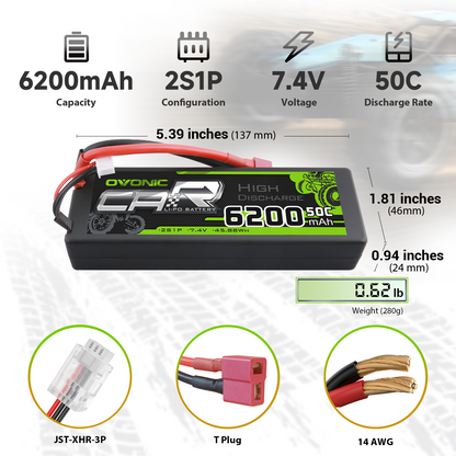 Ovonic 2S 6200mAh 50C 7.4V hard case LiPo battery specs and dimensions, JST-XHR-3P and T plug shown