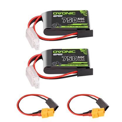 2-pack Ovonic 2S 750mAh 50C 7.4V LiPo batteries with mini TRA plug and XT60-to-TRA leads