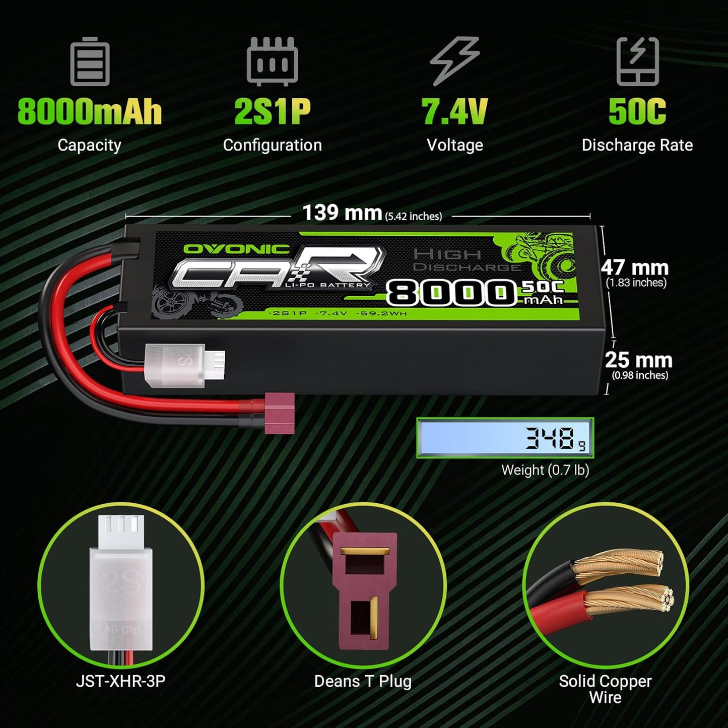 OVONIC 2S 8000mAh 50C 7.4V Batteria LiPo Hardcase RC Deans T Plug per Auto 1/8 & 1/18