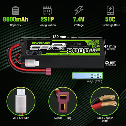 OVONIC 2S 8000mAh 50C 7.4V Batteria LiPo Hardcase RC Deans T Plug per Auto 1/8 & 1/18