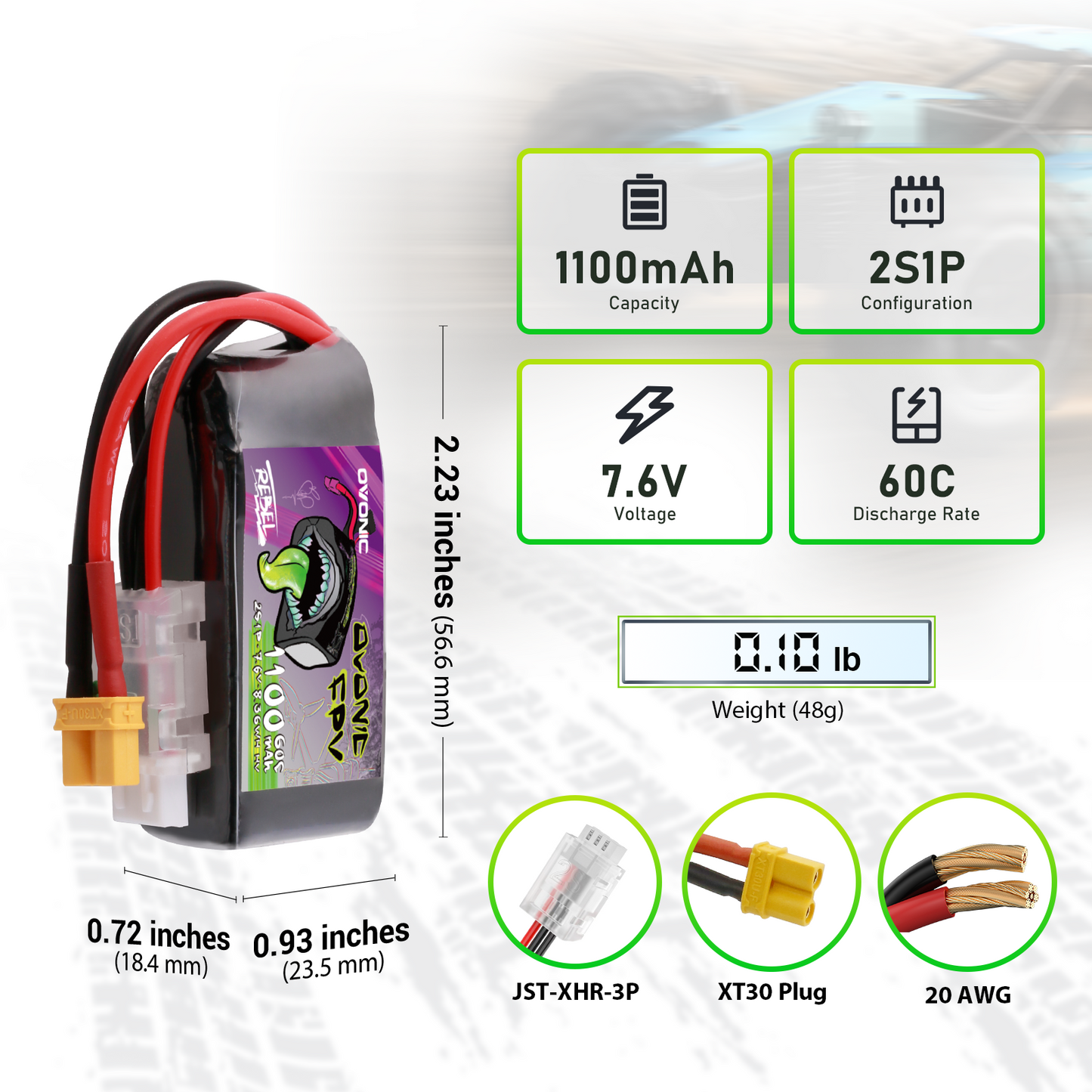 Ovonic Rebel 2.0 battery size and specs infographic: 1100mAh 2S1P 7.6V 60C, XT30 and JST-XHR-3P plugs