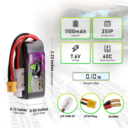 Ovonic Rebel 2.0 battery size and specs infographic: 1100mAh 2S1P 7.6V 60C, XT30 and JST-XHR-3P plugs