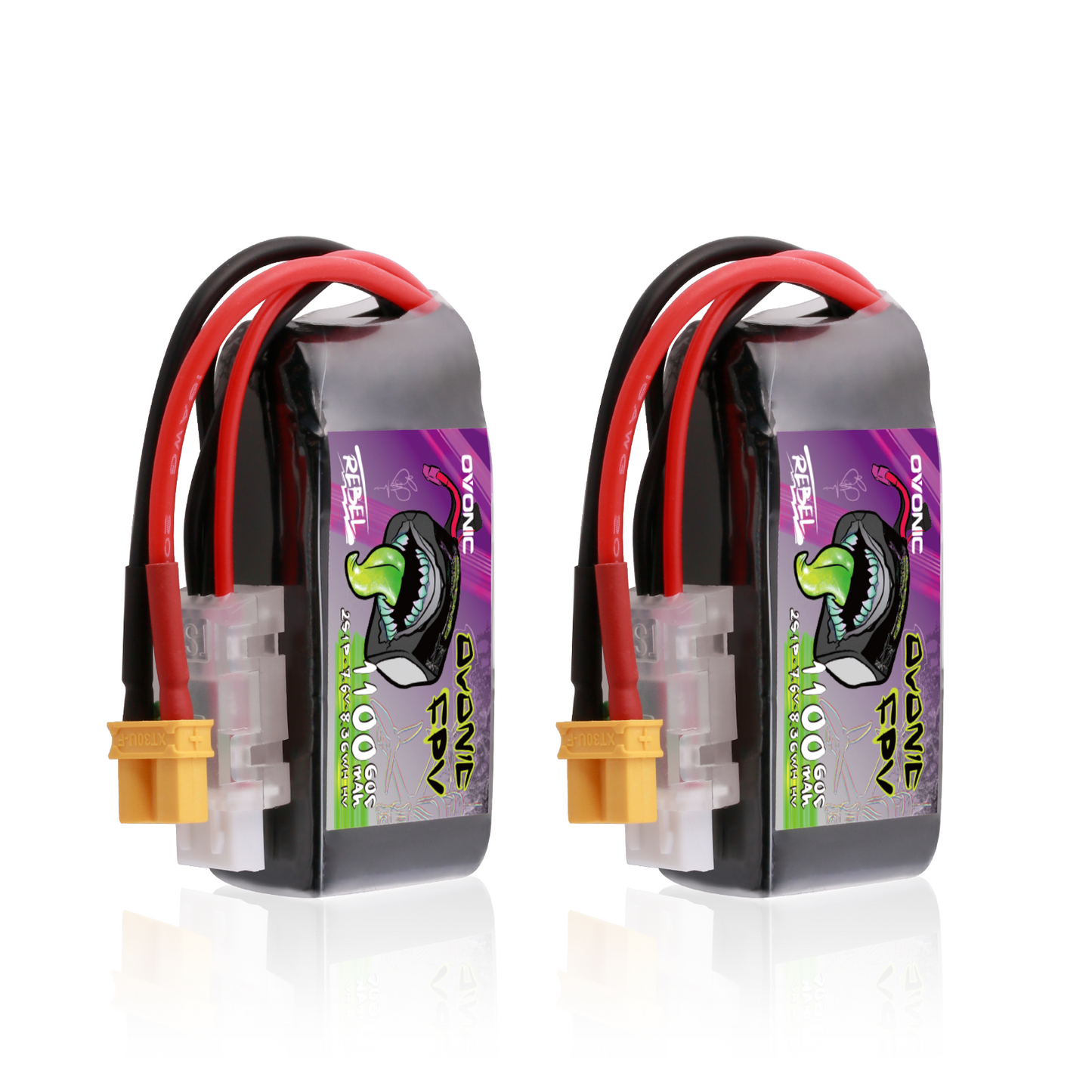 Two Ovonic Rebel 2.0 1100mAh 2S LiHV 7.6V 60C LiPo batteries with XT30 leads and balance plugs