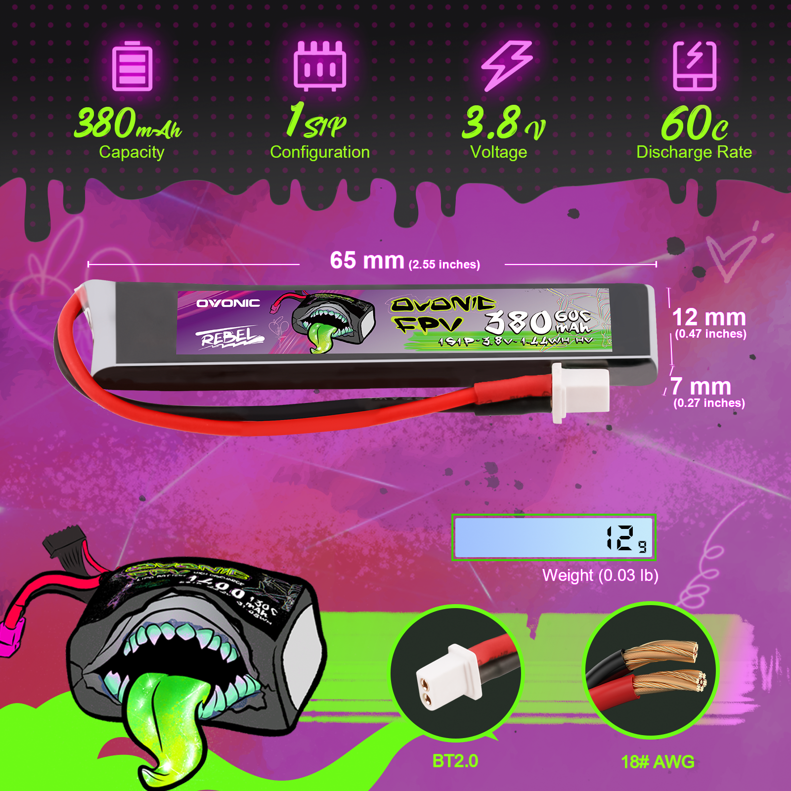 Ovonic Rebel 2.0 380mAh 1S LiHV battery size graphic showing 65mm length, BT2.0 plug and 12g weight
