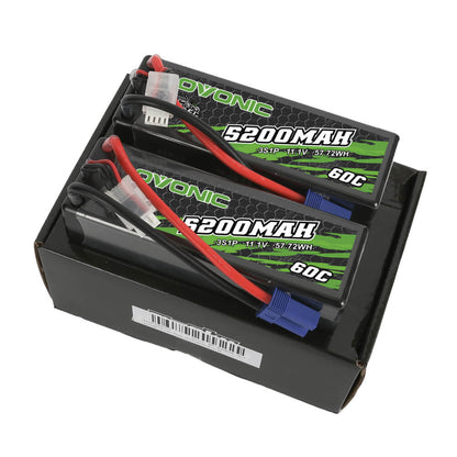 2-pack Ovonic Rebel 3S 5200mAh 60C 11.1V hardcase LiPo batteries with EC5 connectors in box