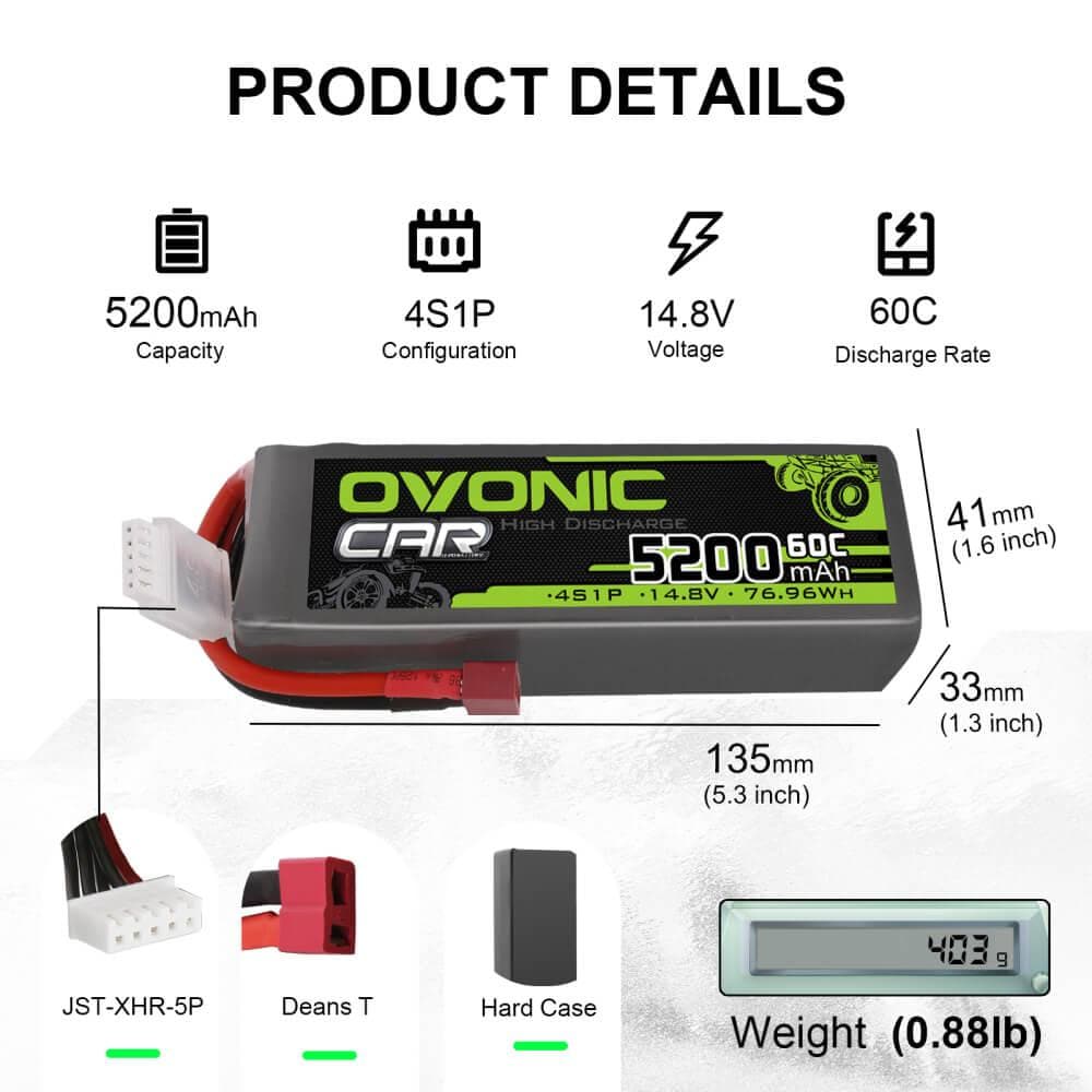 Ovonic 5200mAh 4S1P 14.8V 60C LiPo battery product details graphic with size, weight, and Deans T plug