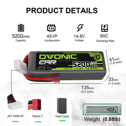 Ovonic 5200mAh 4S1P 14.8V 60C LiPo battery product details graphic with size, weight, and Deans T plug