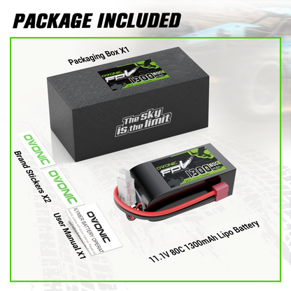 OVONIC 11.1V 80C 1300mAh 3S Lipo Battery with T Plug for 3S Freestyle Racing Drone Fixed-Wing FPV Plane