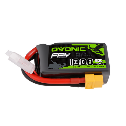Ovonic 3S 1300mAh 11.1V 80C LiPo battery pack with XT60 connector and balance lead