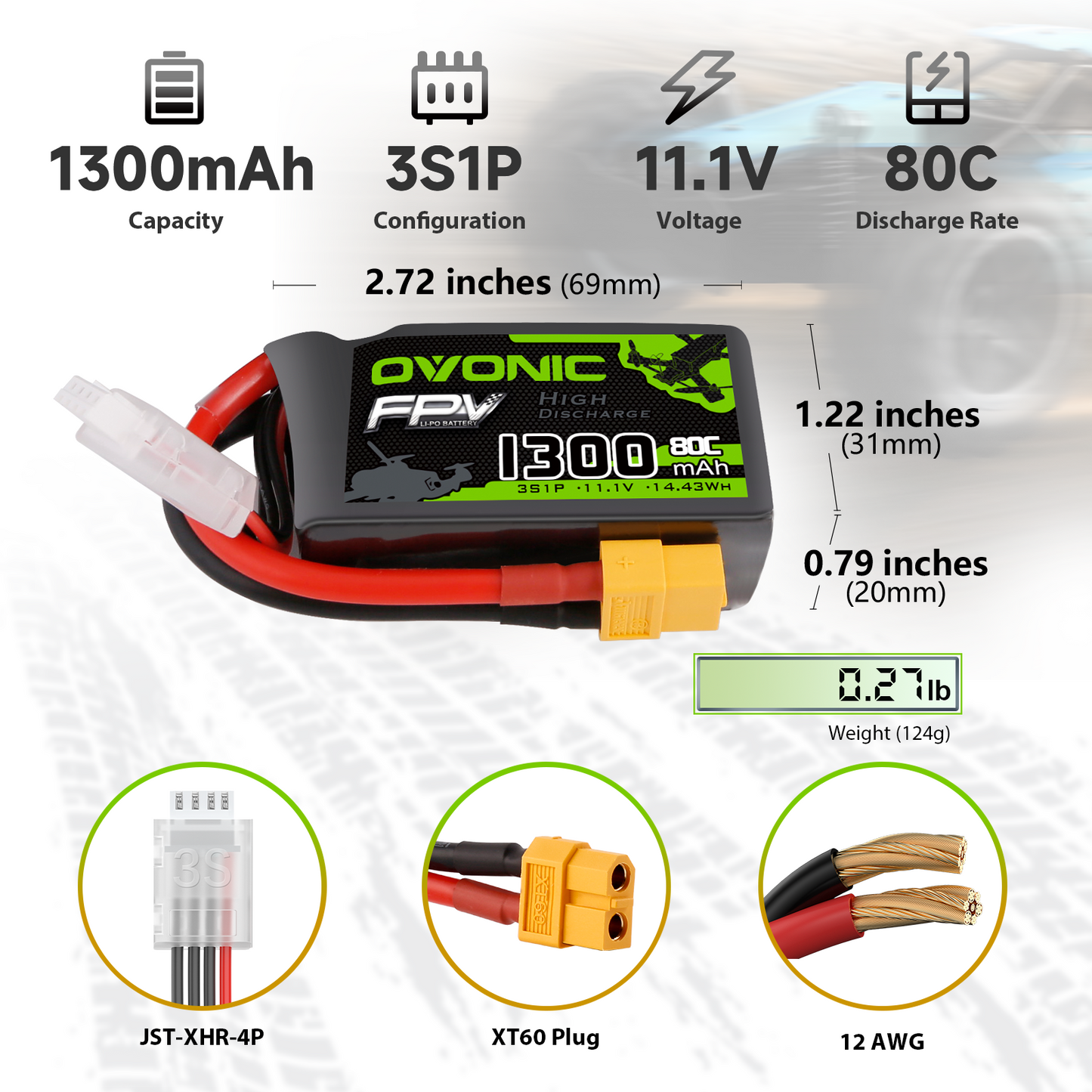 Ovonic 3S 1300mAh 11.1V 80C LiPo battery dimensions, weight, and connectors (XT60, JST-XHR-4P)