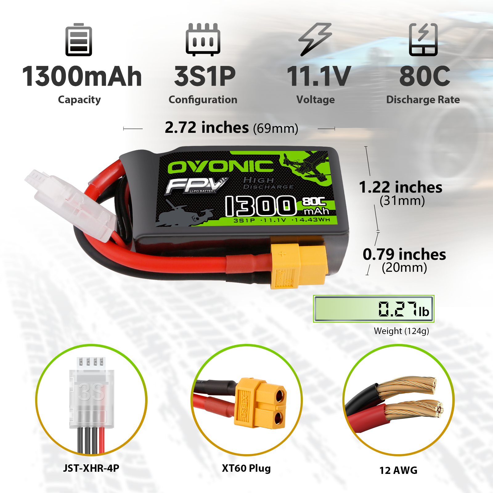 Ovonic 3S 1300mAh 11.1V 80C LiPo battery dimensions, weight, and connectors (XT60, JST-XHR-4P)