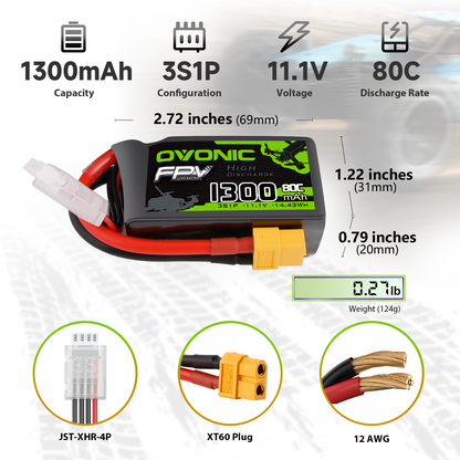 Ovonic 3S 1300mAh 11.1V 80C LiPo battery dimensions, weight, and connectors (XT60, JST-XHR-4P)
