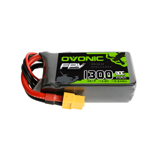 OVONIC FPV 4S 14.8V 1300mAh 80C LiPo battery with XT60 connector and lead wires