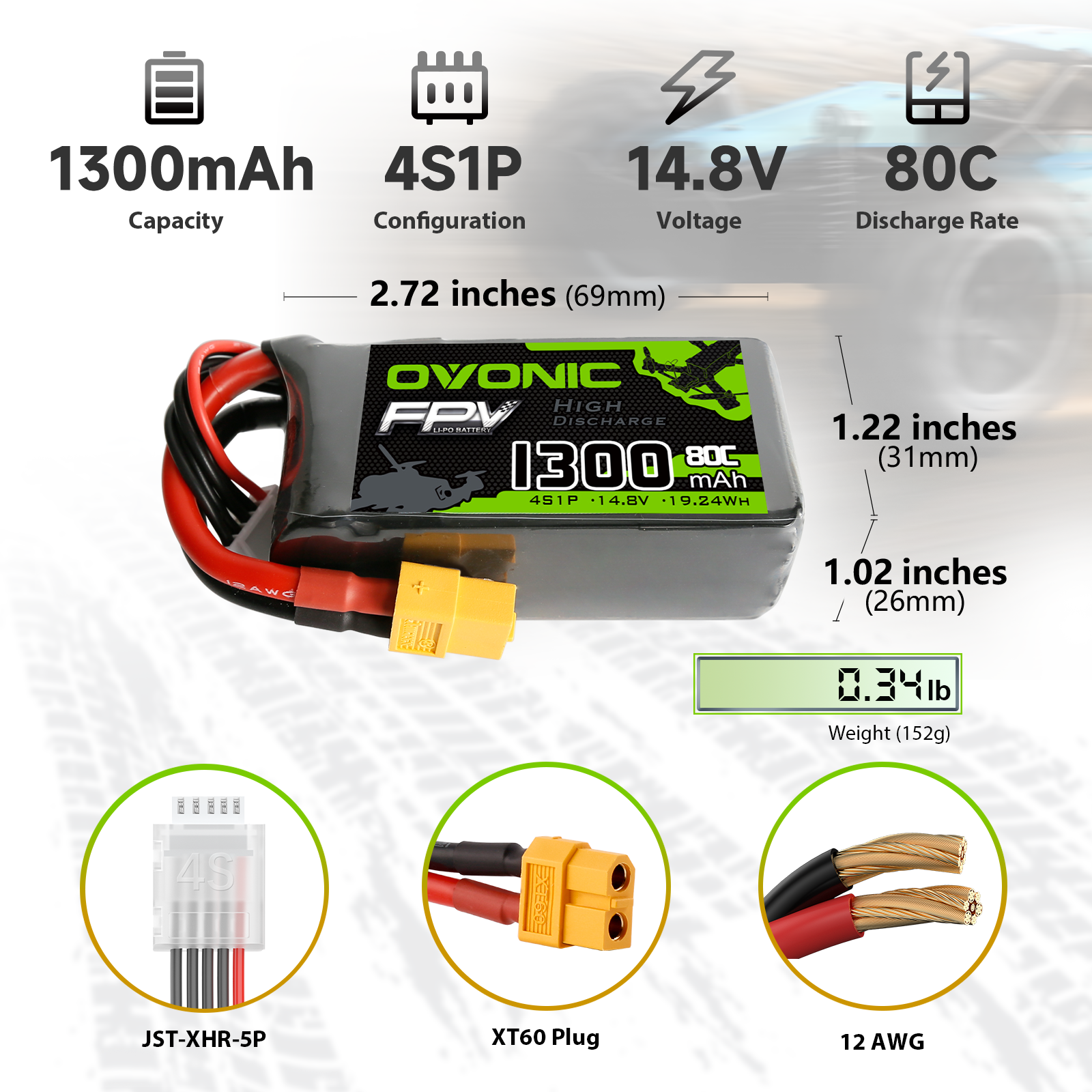 OVONIC 1300mAh 4S 14.8V 80C LiPo battery dimensions, weight, and XT60/JST-XHR-5P connector details