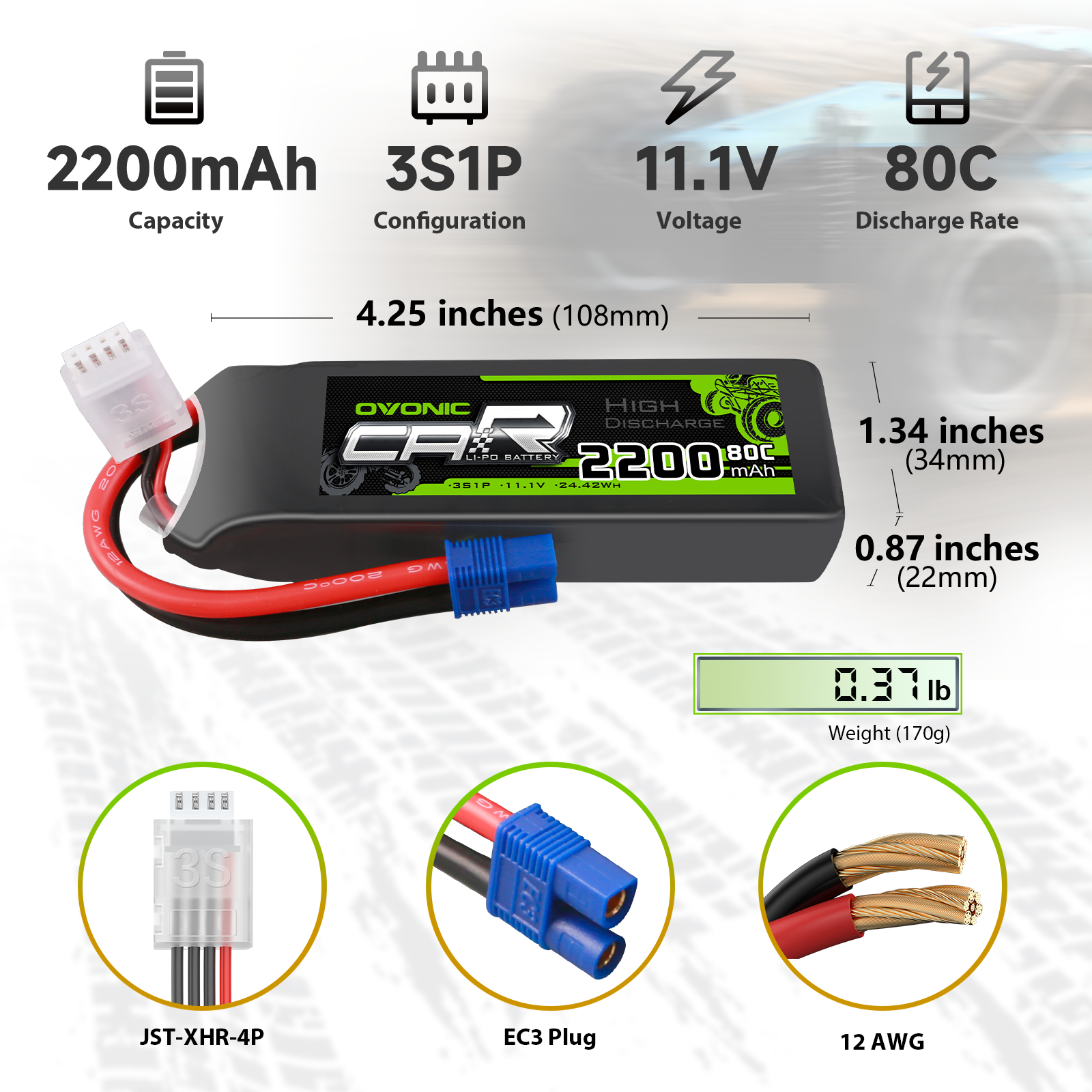 Ovonic 2200mAh 3S 11.1V 80C LiPo battery size chart with dimensions, weight, EC3 plug and 12AWG lead
