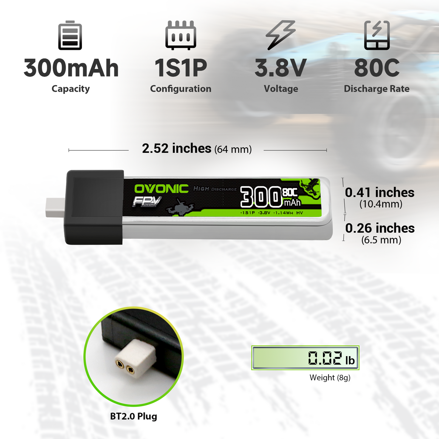 OVONIC 3.8V 300mAh 1S LiHV LiPo battery size chart with dimensions, weight and BT2.0 plug close-up